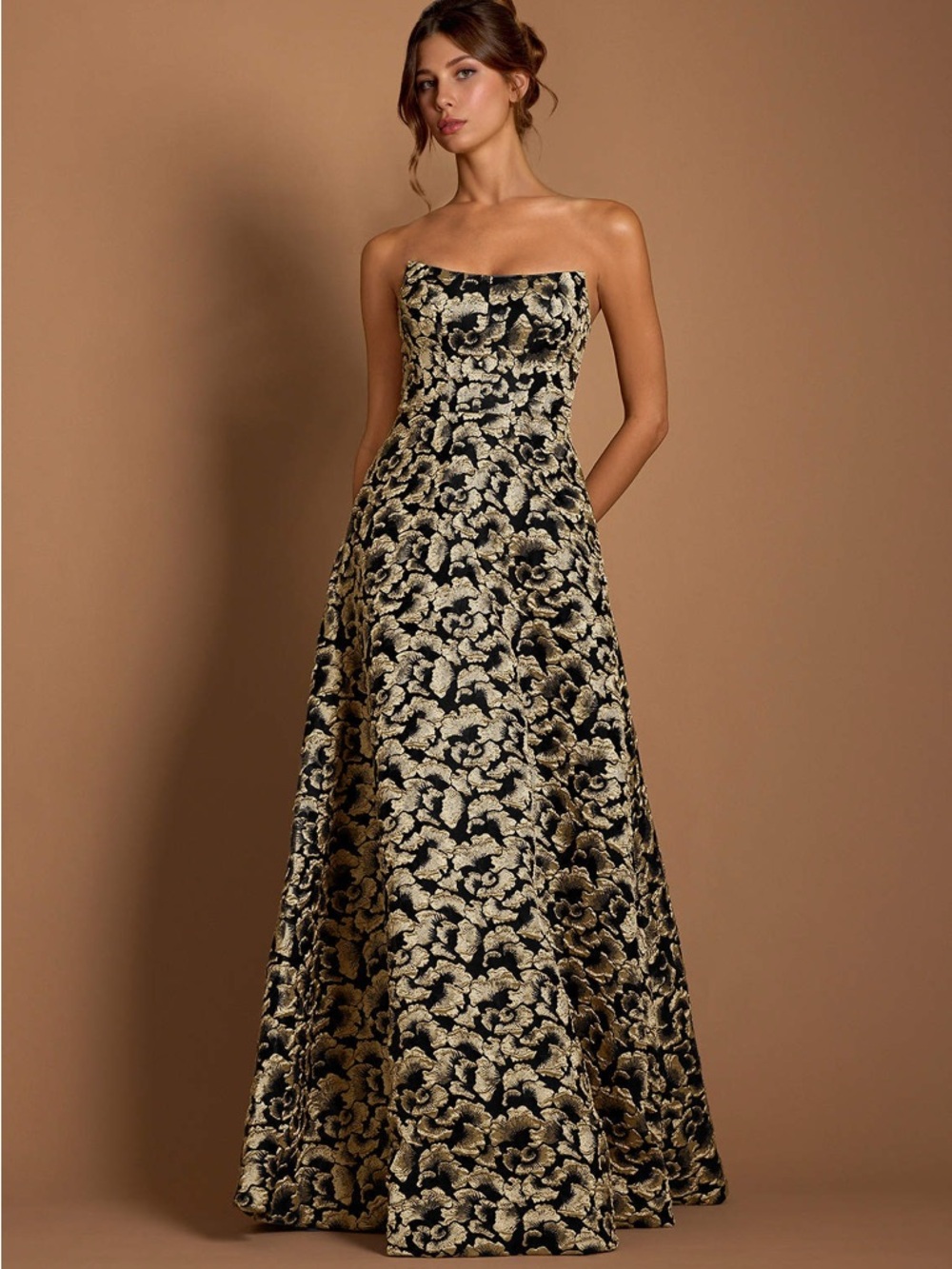 Azazie Black and Gold Strapless Maxi Gown